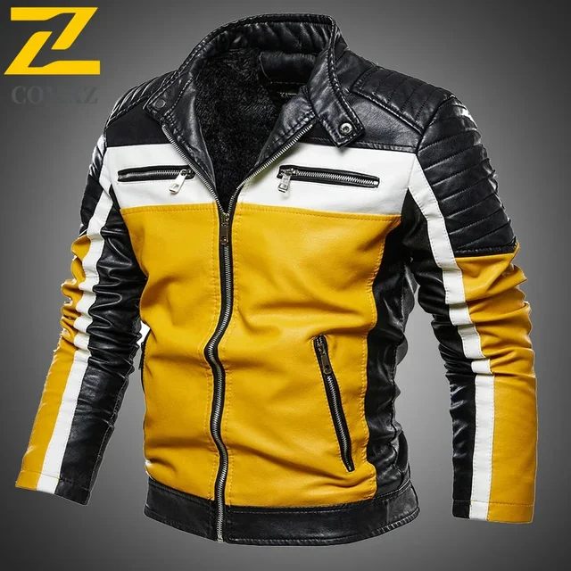 Men Yellow PU Leather Jacket Patchwork Biker Jackets  Casual Zipper Coat Male Motorcycle Jacket Slim Fit Fur Lined Outwear Coat 1