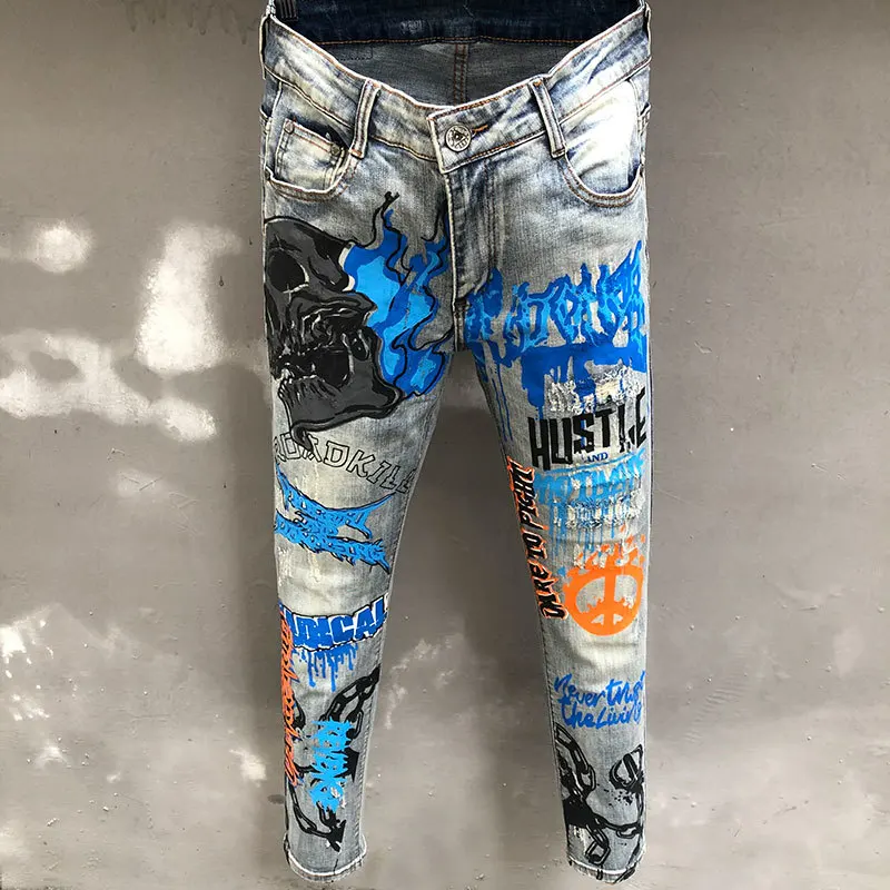 

High Street Washed Painted Jean Men Streetwear Abstract Art Graffiti Printed Skinny Slim Jeans Party Casual Trousers Pantalones