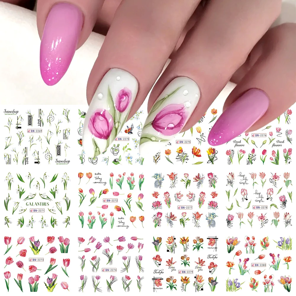 Tulips Flowers Water Nail Decals Leaf Transfer Nail Stickers Spring Summer Decoration Snowdrops Watermarks Slider LEBBN2269-2280