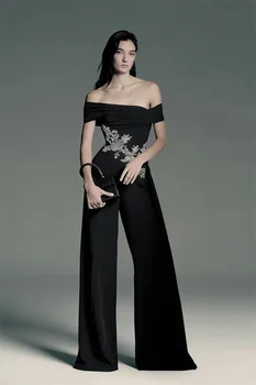 Shiny Crystals Black Women Jumpsuit Sexy Off Shoulder Short Sleeves Formal Wedding Evening Pants Banquet Party Bridal Trousers 1