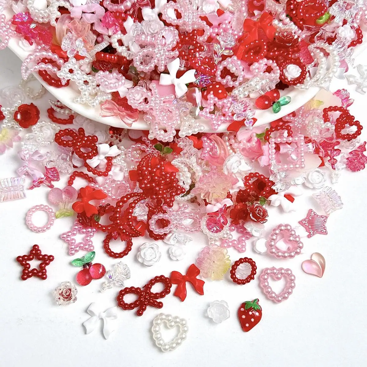 Random Mixed Sweet Red White Series Nail Charms 3D Resin Hollow Out Heart Bow Strawberry Cherry Nail Art Decorations Accessories 4