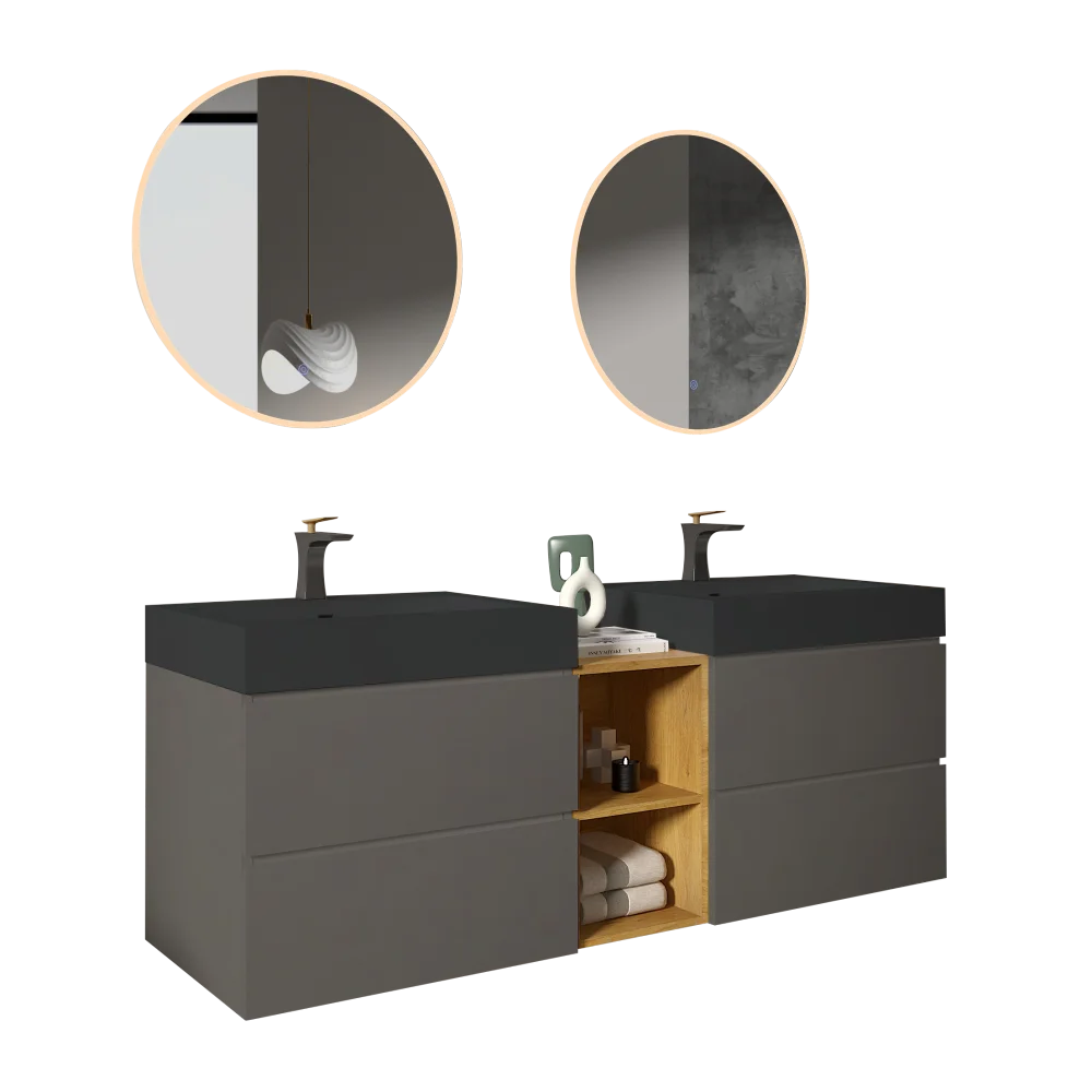 U096-ALICE72W-102 Alice 72" Space Gray Bathroom Vanity With Double Sinks And Open Shelf, Modern Wall Mounted Floating Bathroom V 5