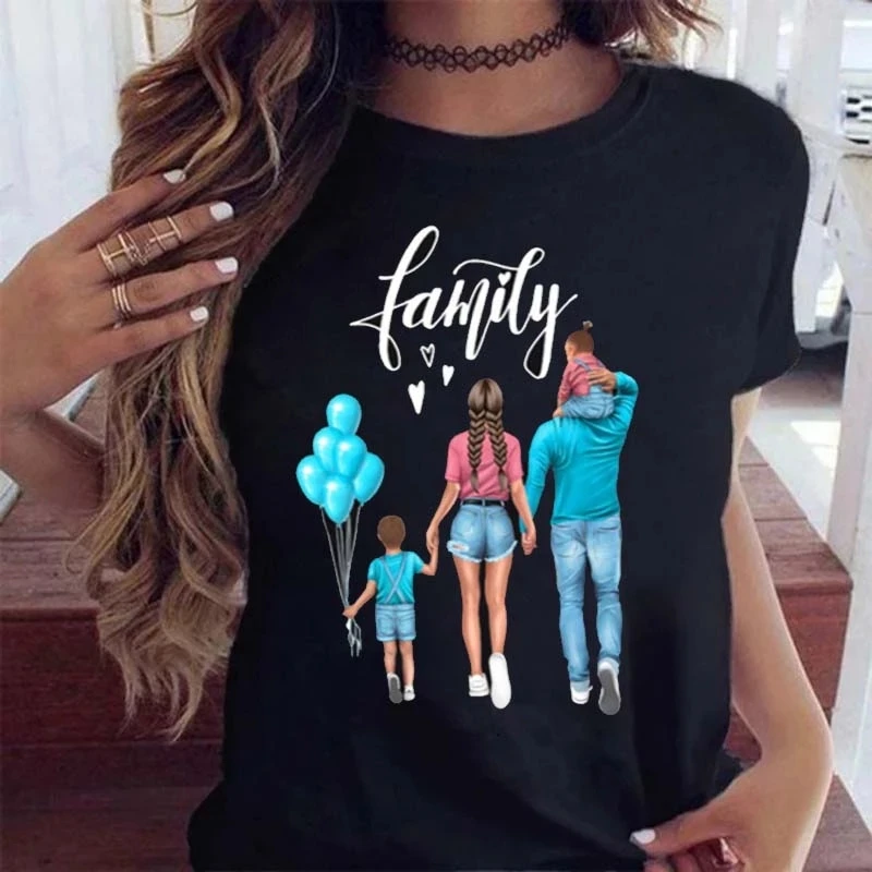 Maycaur Harajuku Women Cartoon Mom Girl Print Women T-shirts Top Women Kawaii Graphic Female O-Neck Mother\'s T Shirts Black Tee