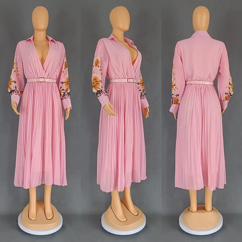 

Women Dress Pleated V Neck Long Sleeves Summer Slim Midi Dresses Solid Causal Party Evening Date Daily Office Ladies African