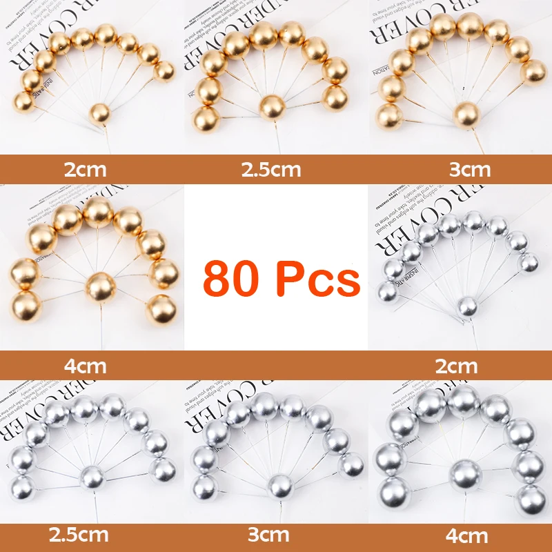 

80pcs Gold Balls Cake Topper Mini Balloons Cake Decor Birthday Party Silver Foam Ball Cake Insert Topper Christmas Accessories