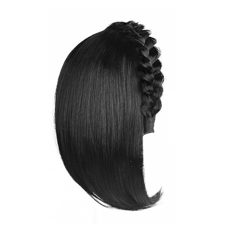 Short Headband Wig with Fishbone Design and Integrated Hair Patch