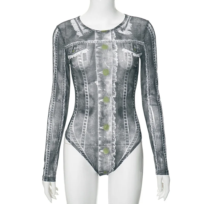 Imitation Denim 3D Printed Mesh Women Two Piece Set 2023 Autumn Winter New Long Sleeve Crew Neck Bodysuit Mini Skirt Streetwear