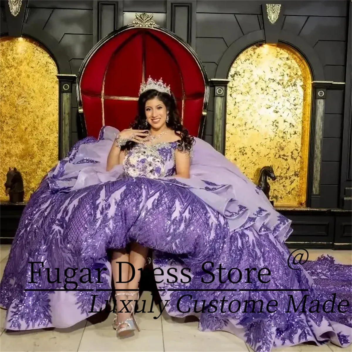 Luxuly Purple Fashion Quinceanera Shiny Dresses Lace Appliques Beads Mexican Sweet 16 Ball Gown Vestidos Butantes 15 Anos