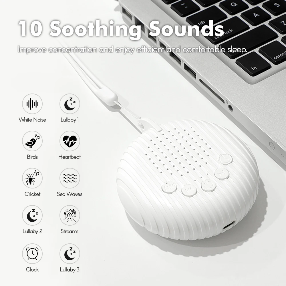 Sleep Machine Portable Baby Rechargeable White Noise Sound Machine 10 Soothing Sounds 15/30/60min Timer Volume Adjustable