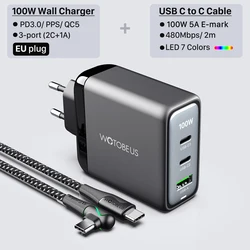 Powerful 100W GaN USB - C Wall Charger with PD Fast Charging Capability - EU and 2m Cable