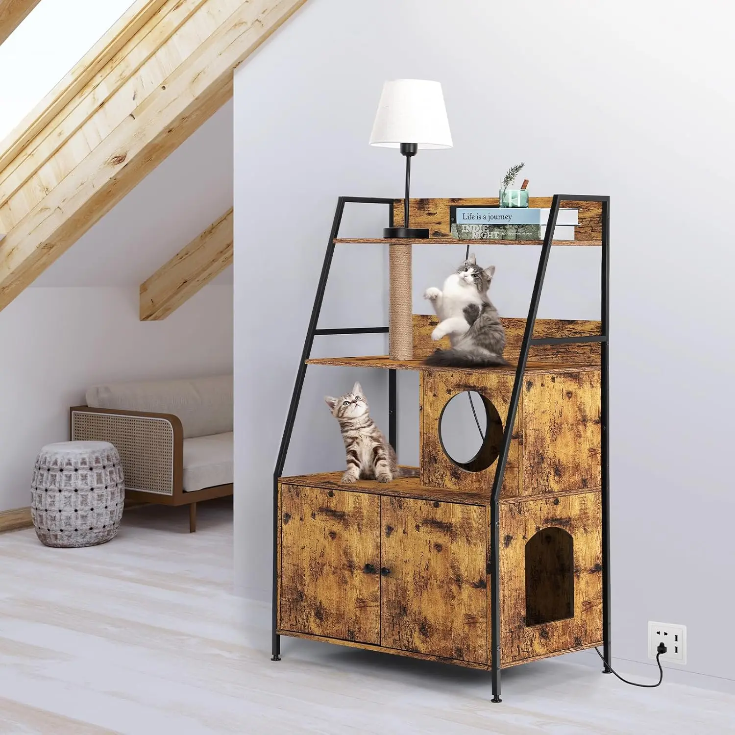 Cat Litter Box Enclosure with 2 Storage Shelves Enclosure Furniture with Charging Station Cat Washroom Cat Tree Tower