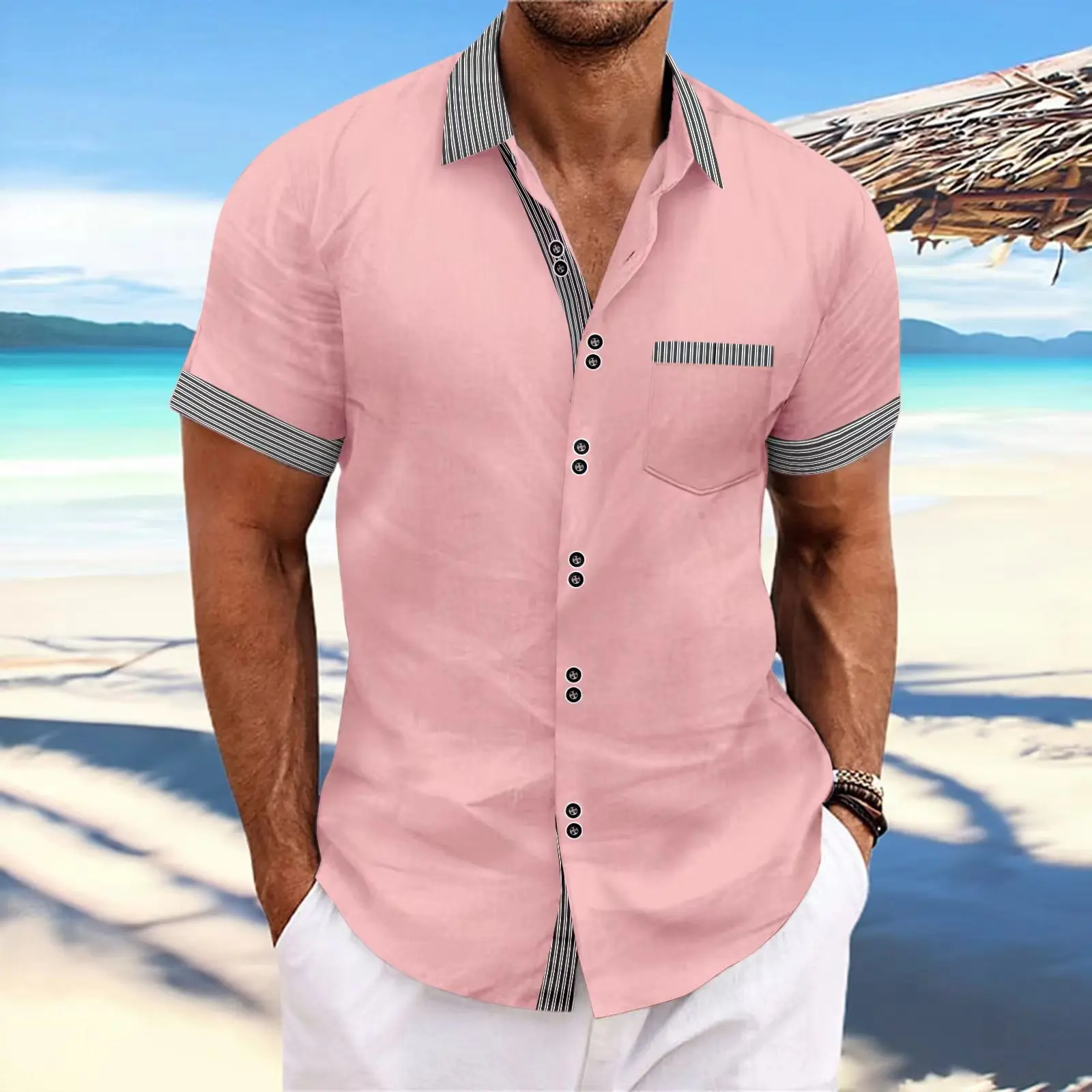 Men's Shirts Fashion Striped Double Buckle Short Sleeve Business Slim Casual
