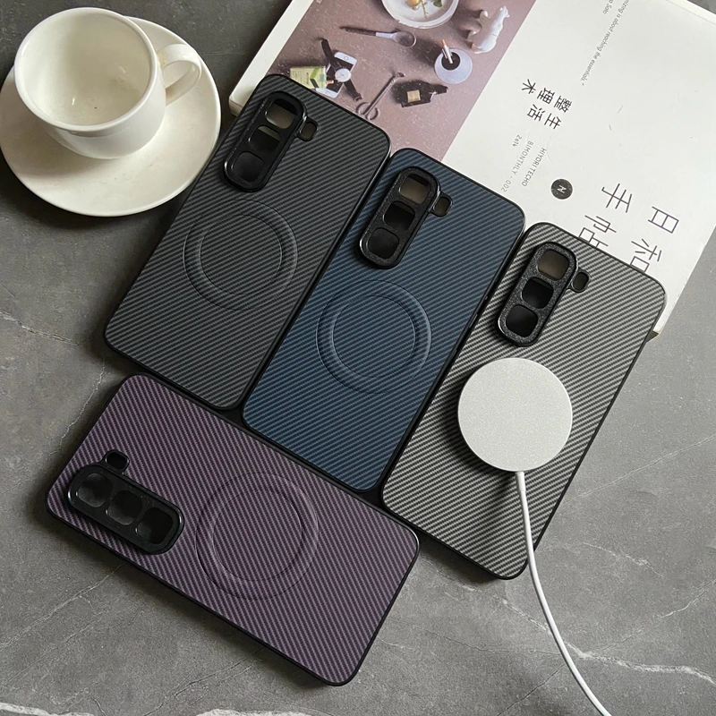 Magnetic Carbon Fiber Textured PU Leather Phone Case with Mag-Safe and Full Camera Protection