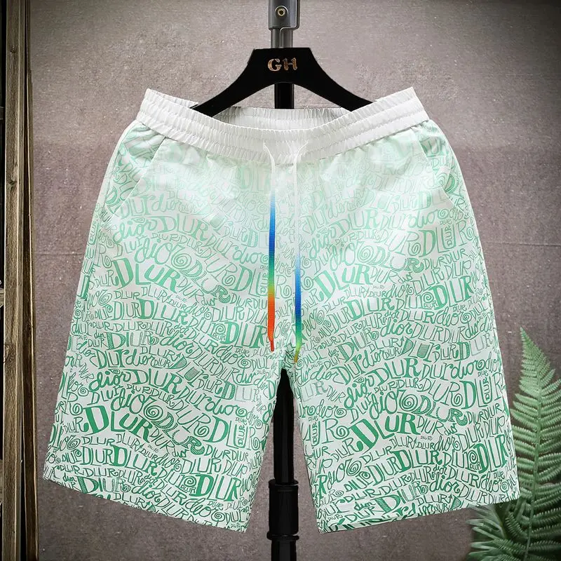 2024 Summer Casual Loose Fashion Trend Quick Drying Thin Sports High Waisted Drawstring Printed Five Point Beach Pants for Men