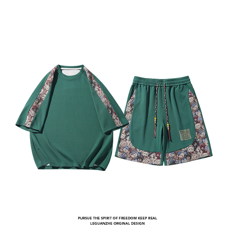 2024 Summer Two Sets Men's Short-sleeved Shorts Sports Suit Teddy Bear Embroidery Tshirt Korean Fashion Trend Suit Men T-shirts