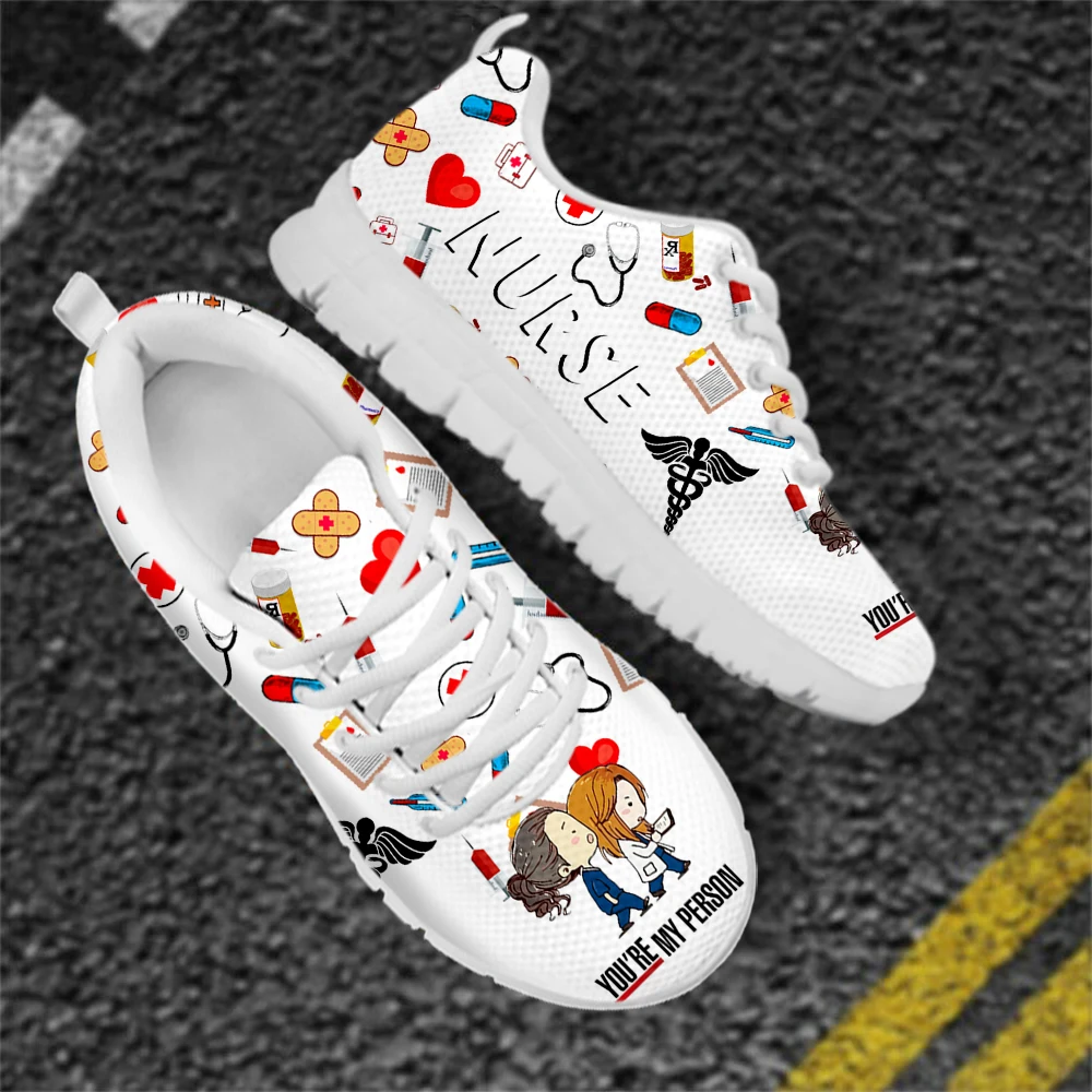 

INSTANTARTS Mesh Nurse Shoes Women Flats Lace Up Sneaker Premium Sketch Nursing Physician Print Female Footwear Zapatillas Mujer