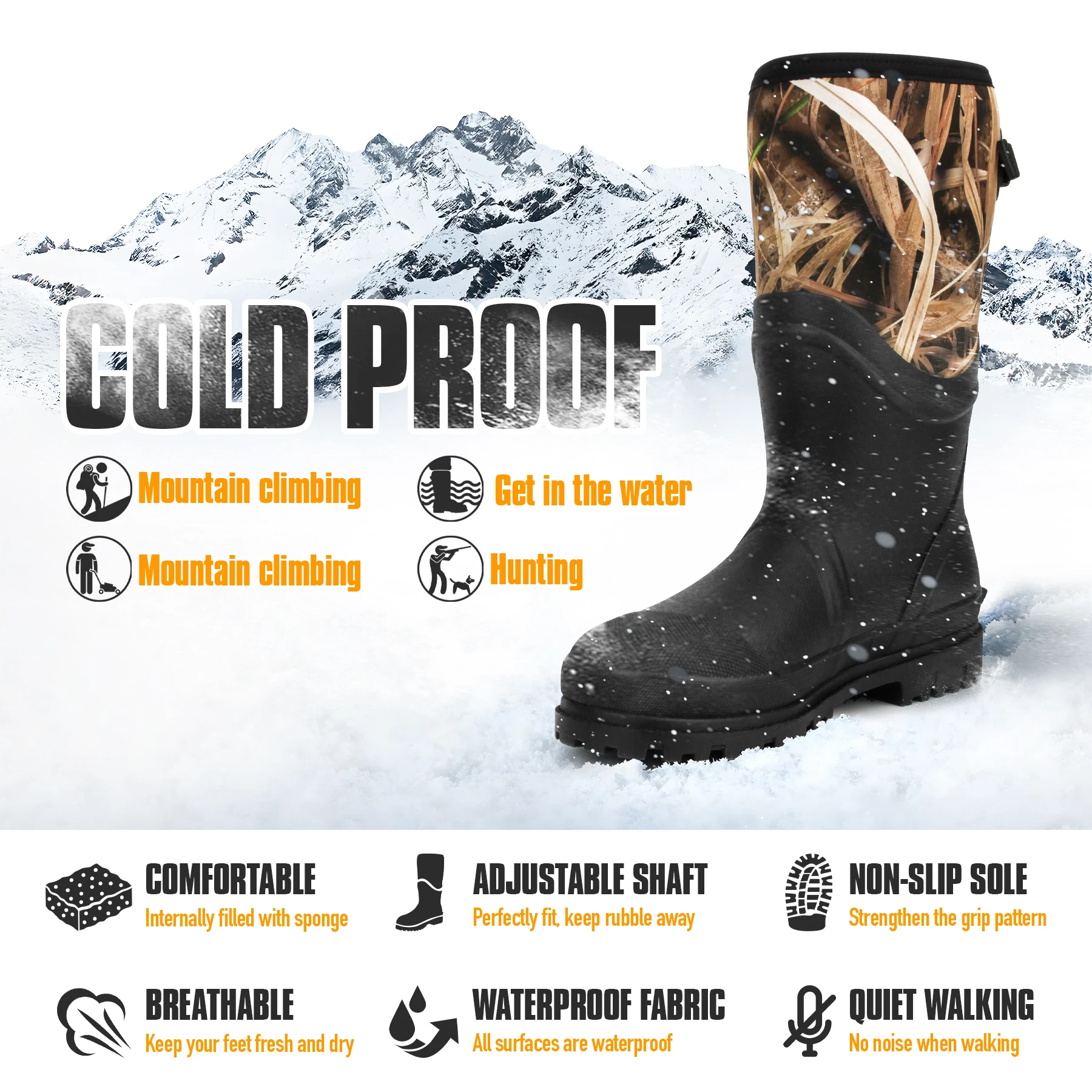 GUGULUZA Camouflage Rain Boots-High Rubber Waterproof Rainshoes Outdoor Anti-Slip Hunting Long Boot Neoprene Fishing Boots