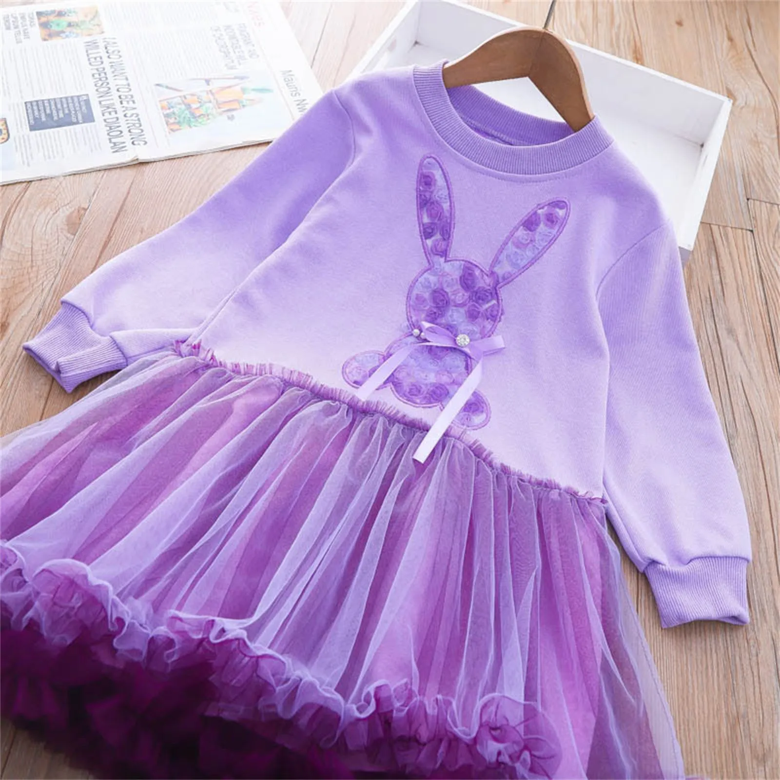 

Easter Tutu Dress Girls Solid Embroidered Bunny Rabbit Dress Kid Mesh Patchwork Long Sleeve Tutu Gown Dress Party Princess Dress
