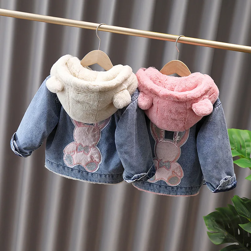 Girls Winter Cute Plush Thick Hooded Warm Denim Coat 2-10Y - Uniqwear