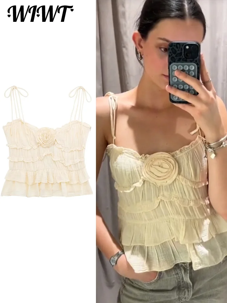 

Y2k Flower Layered Ruffled Crop Top Women Sexy Off Shoulder Lace Up Ruched Tank Tops Female 2024 Summer Elegant Party Streetwear