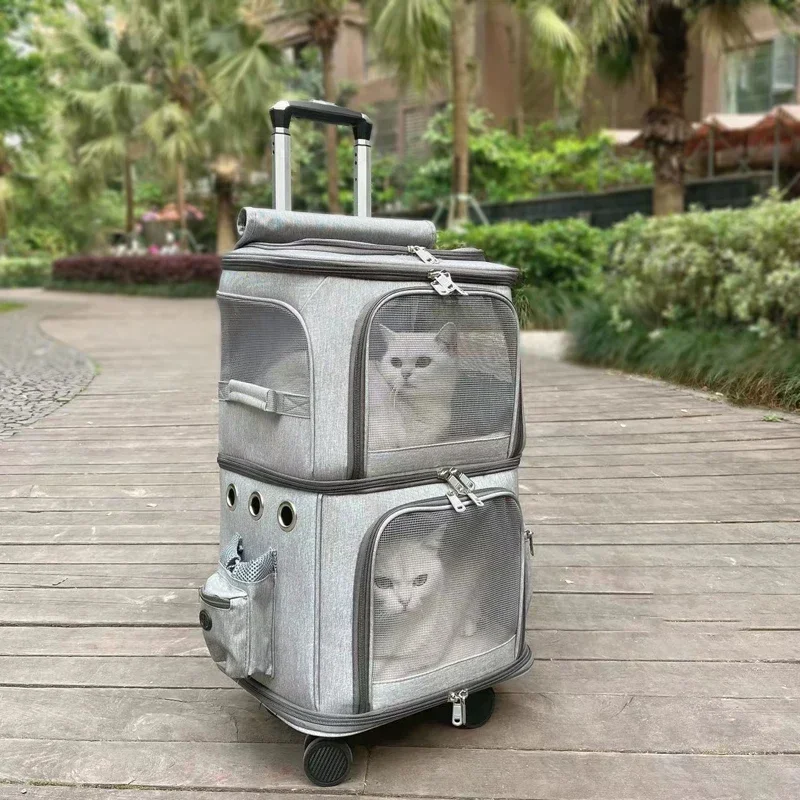 Pets Trolley Case Cat Dog Travel Bag Suitcase Luggage Collapsible 4 Wheel 2 Layer Storage Box Breathable Handbag Pet Stroller