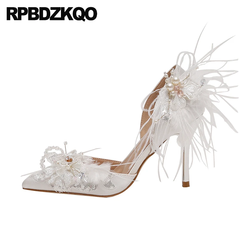 

Pointed Women Pumps Crystal Slip On Thin Feather 43 Beaded Ivory Pearl Kitten Heel High Heels Shoes Big Size Sequin Satin Silk