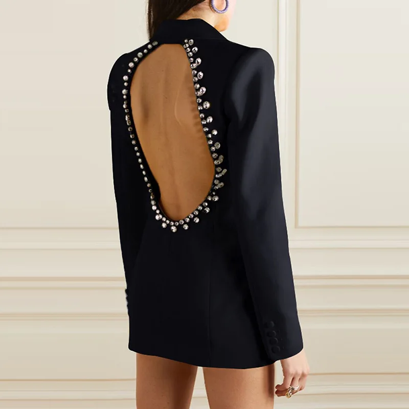 

JAMERARY Sexy Hollow Out Backless Diamond Suit Coat Women Long Sleeve Blazer Female Office Lady Black