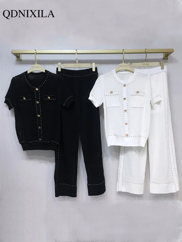 2023 Summer Sweet Women's Pants Set Casual Stripe Elegant Fashion Short Sleeve Knit Top T-shirt Loose Wide Leg Pants 2-piece Set