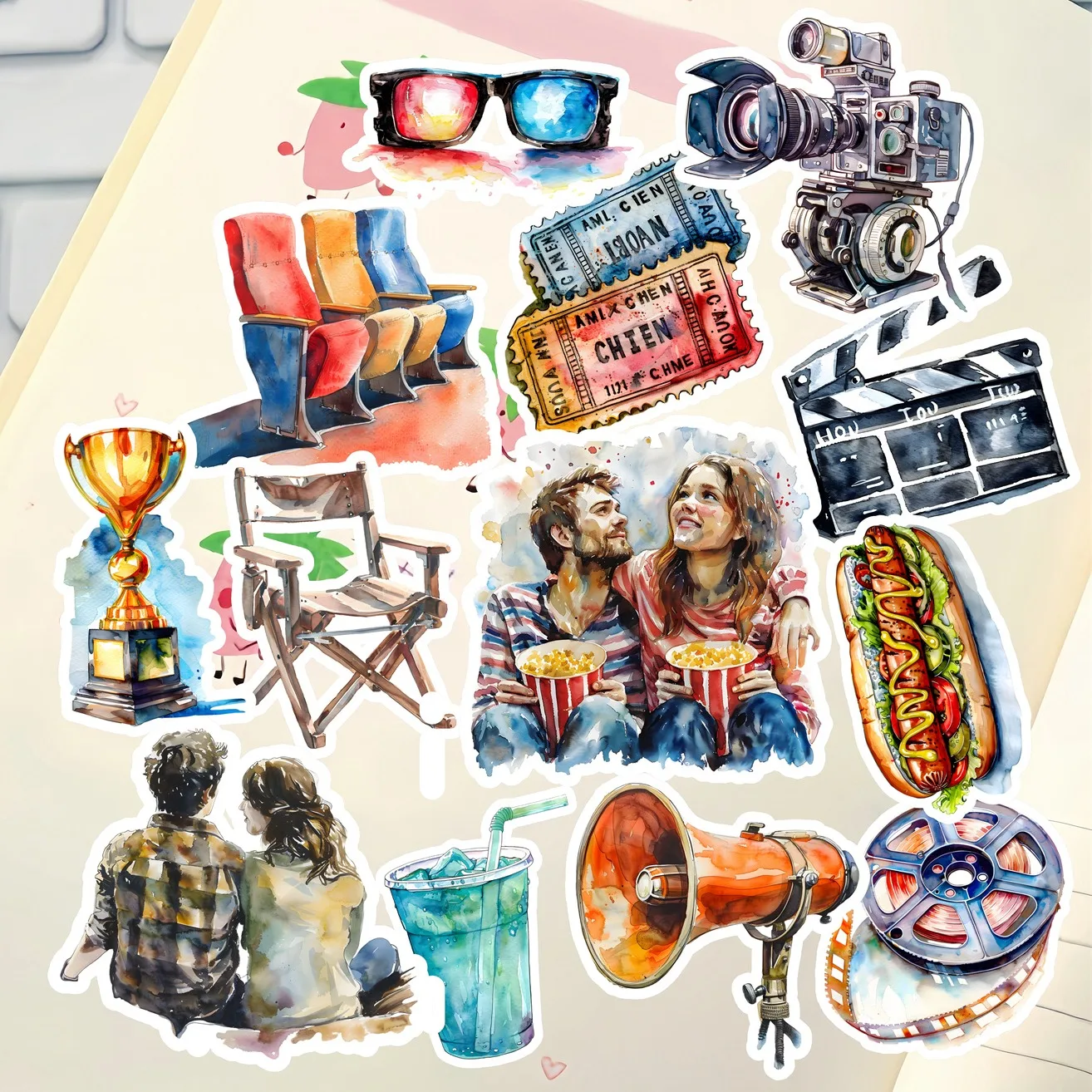 17 Stück Aquarell Kino süße Aufkleber Charaktere Dekoration, DIY Briefpapier Scrapbooking Vintage Journaling