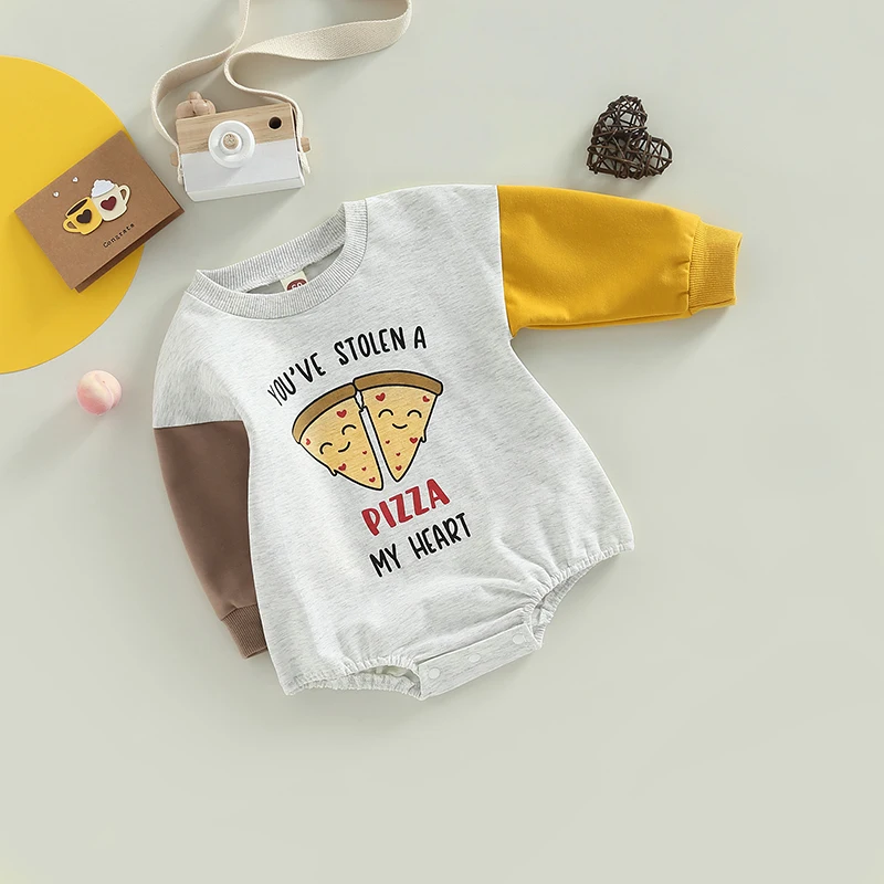 

Toddler Baby Valentine's Day Outfits Rompers Pizza Letter Print Casual Long Sleeve Jumpsuit for Newborn Infant Girl Boy