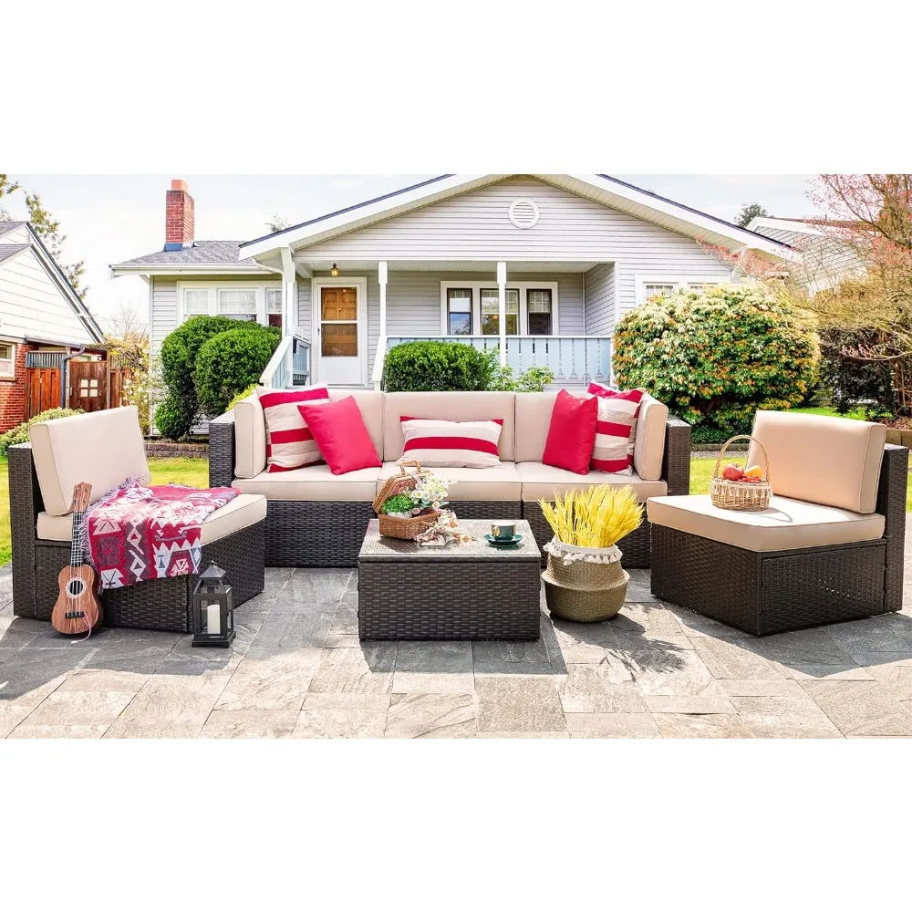 

Outdoor Sofa Sets, All Weather Wicker Rattan Outdoor Sectional SofaConversation Couch with Glass Table, 6 Piece Garden Sofas Set
