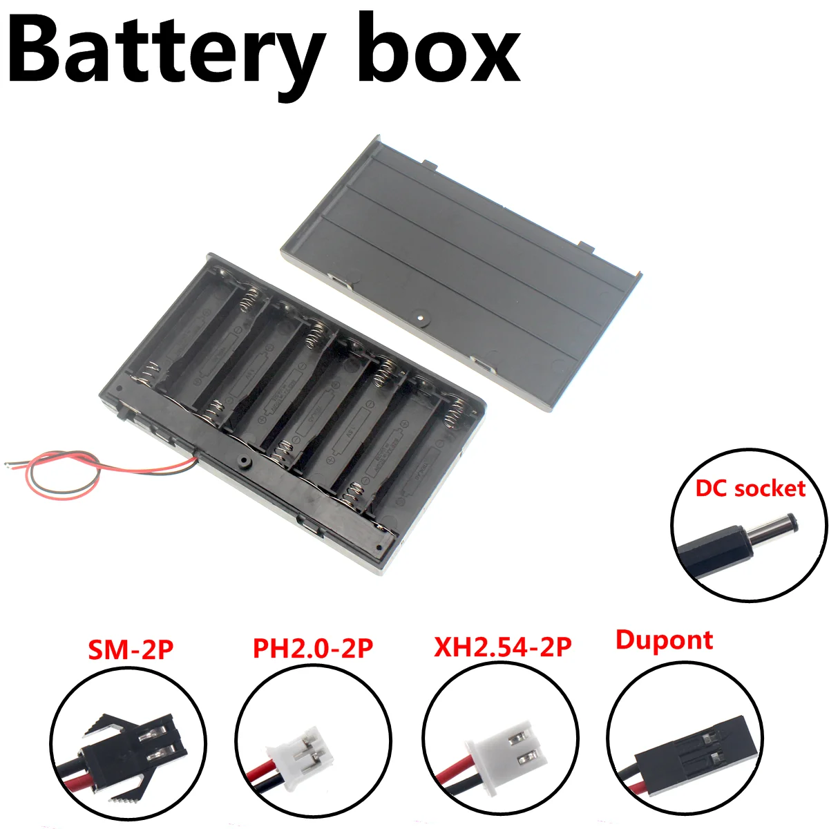 2PCS DIY 8x AA with switch closed Battery Holder Storage Box Case with DC 5.5x2.1mm XH2.54 PH2.0 SM-2P Power Plug