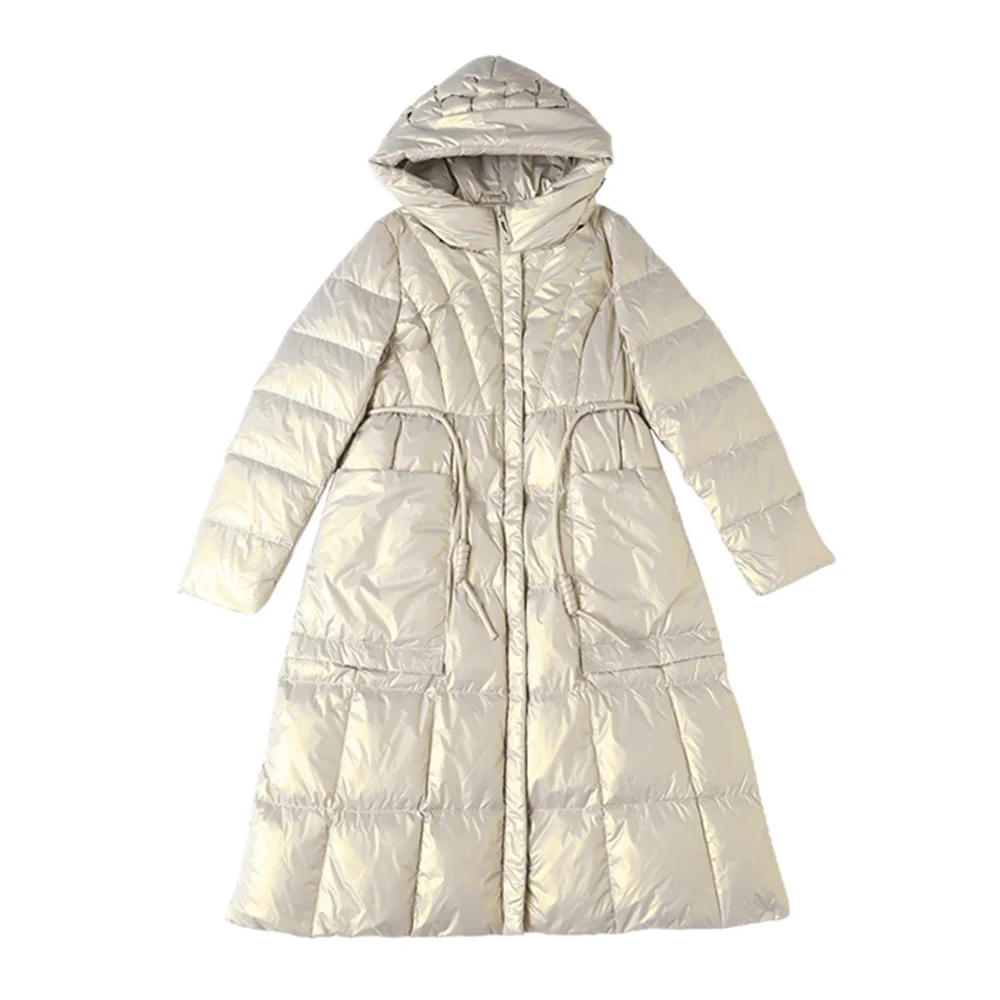 

2022 New Winter Women's Down Coat High Quality 90% White Duck Down Parka Glosy Long Jackets Pockets Loose Padded Lady Hooded