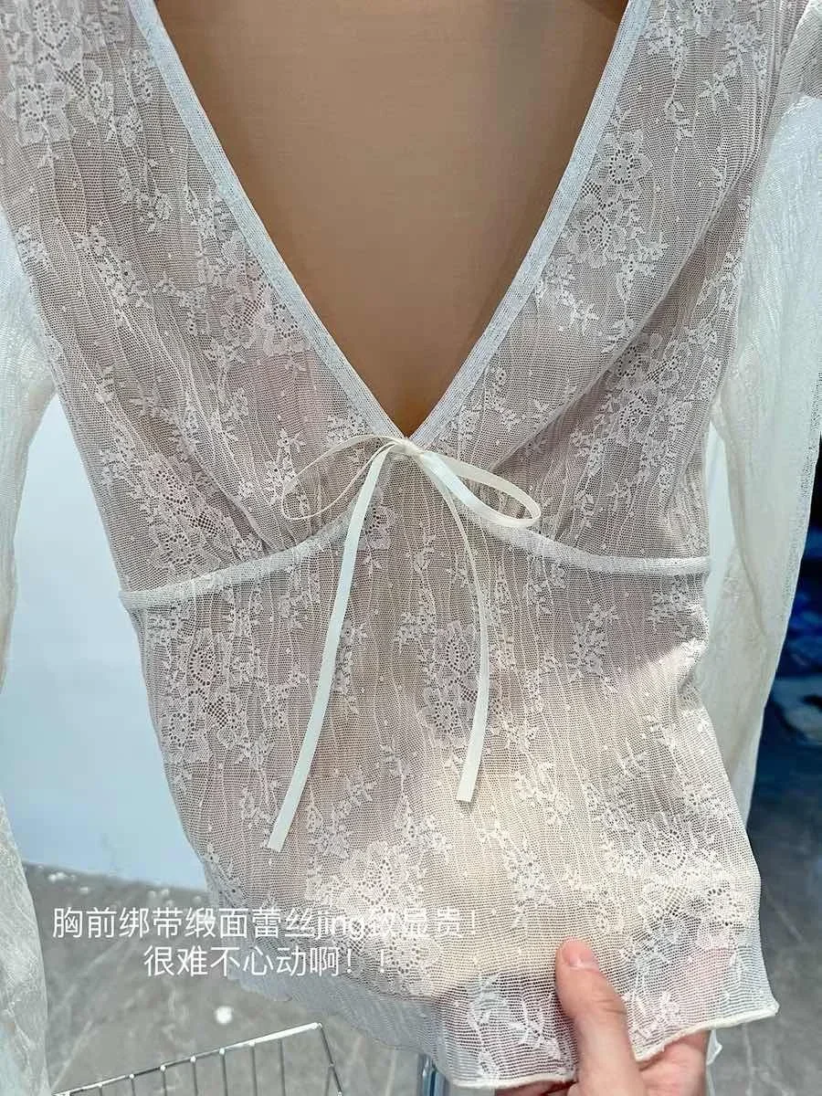 Korean Fashion Crop Top y2k Aesthetic Sweet Lace Patchwork Long Sleeve T Shirt with Bow 2000s Women Clothes Streetwear
