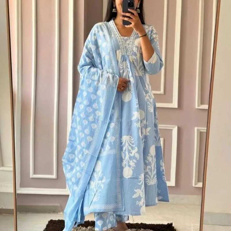 Salwar Suit Wedding Birthday Partywear Cotton Printed Kurti Palazzo Dupatta Set