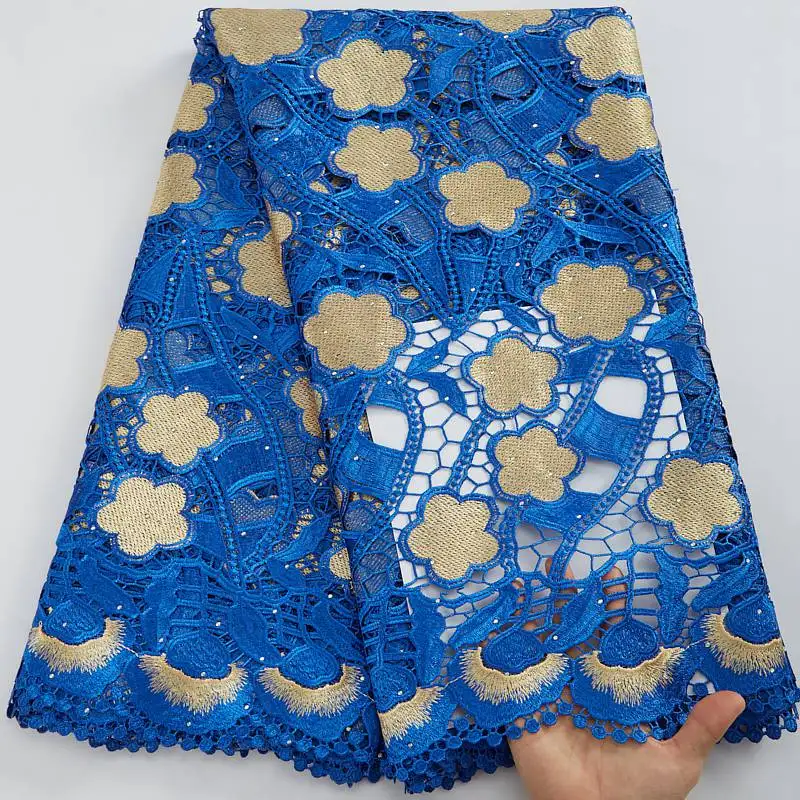 

Blue And Gold African Guipure Cord Lace Fabric 2022 Nigerian Water Soluble Lace Fabric For Wedding Dress Women Party Cloth S2933