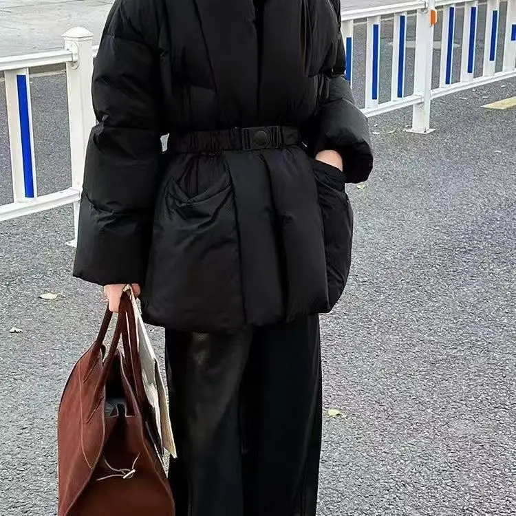 Women Winter V Neck Down Cotton Jacket 2025 New Women Warm Thicken Cotton Coat Korean Belt Waist Winter Outwear Women Parka Coat