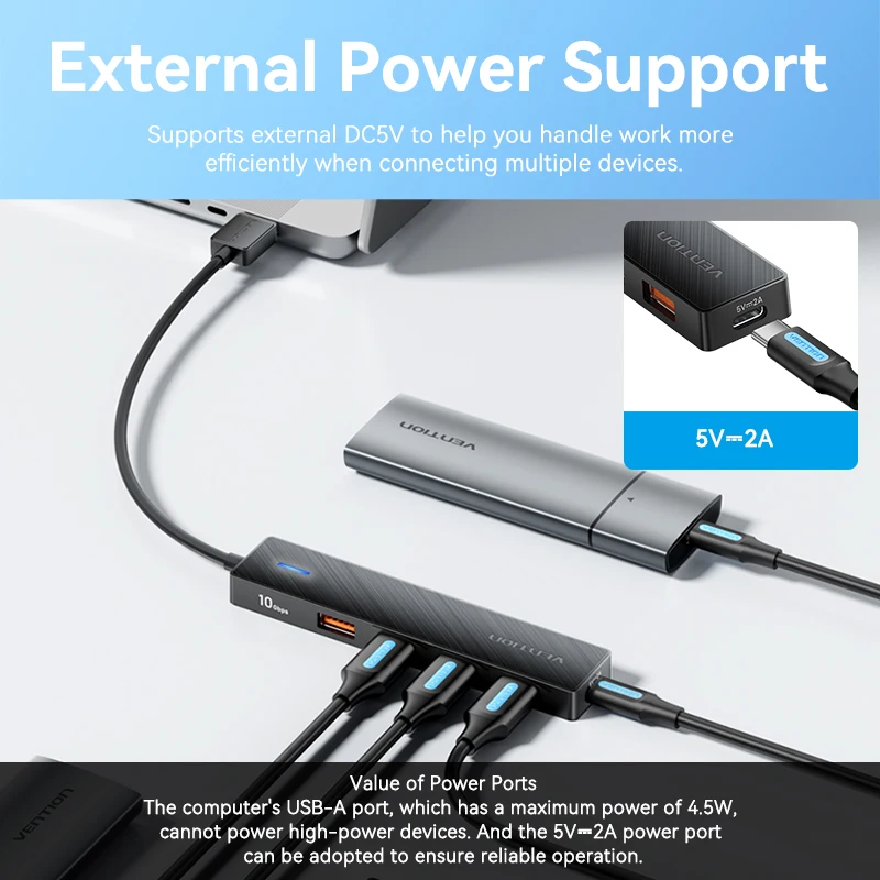 Vention 맥북 프로 에어 M1 PC 노트북 액세서리용 USB 3.0 어댑터, USB C 허브 스플리터, 4 포트 ABS USB 허브, 10Gbps