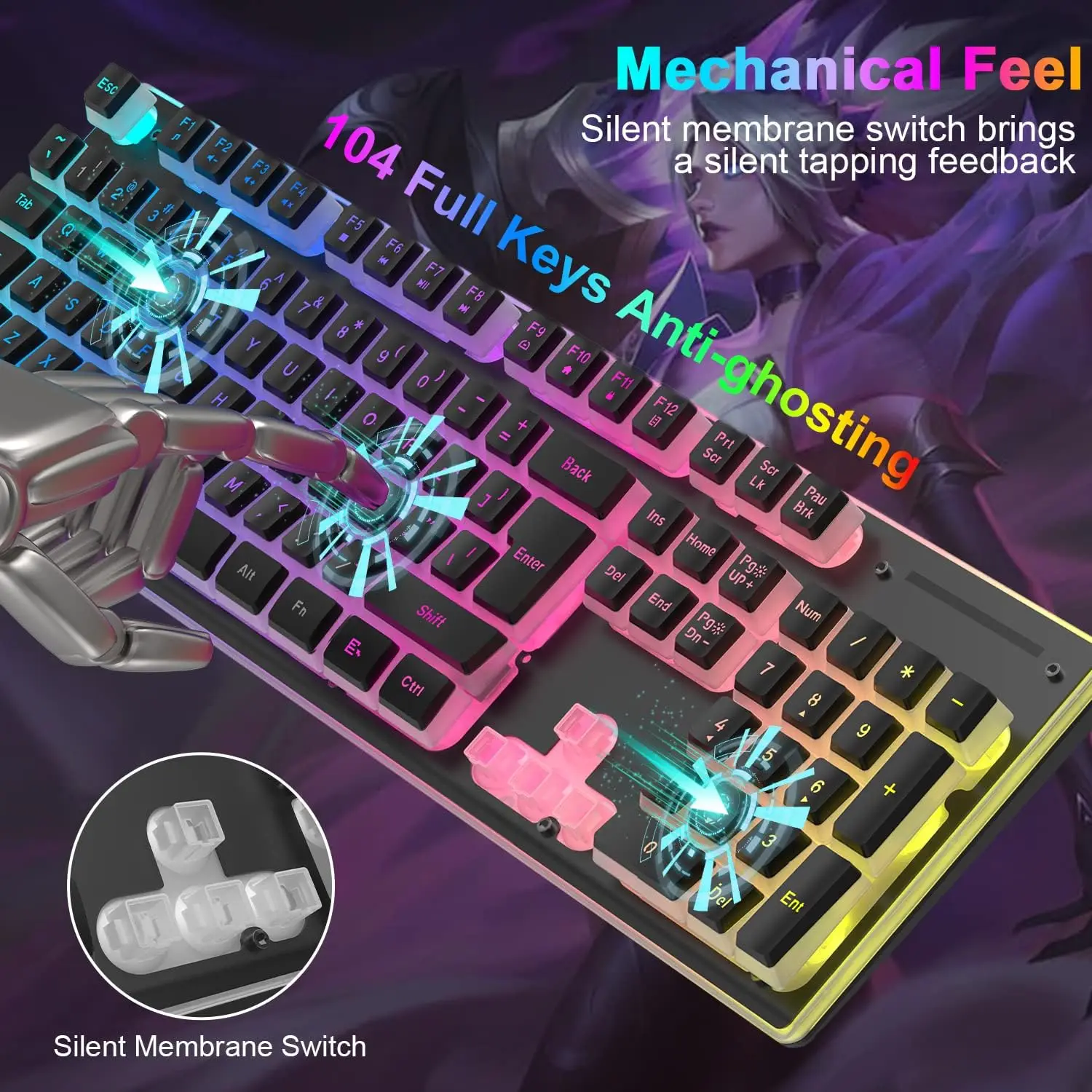 MAMBASNAKE L96 무선 키보드 마우스 콤보, 3000mAh 충전식 RGB 풀 사이즈, 푸딩 키캡, 4800DPI 광학 마우스, K10