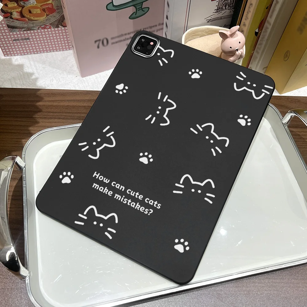 Matte Minimalist Line Cat Print Tablet Case - Black and White Design