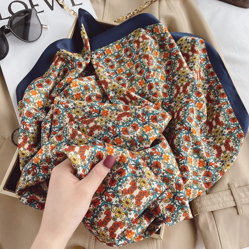

Luxury Floral Women Silk Scarf Neck Hair Band Square Head Tie Print Scarves Lady Foulard Head Band 90cm Thin Headscarf