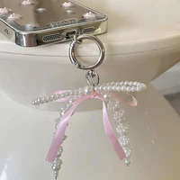 Porte-clés à nœud papillon perlé Y2k, ruban esthétique, pompon, pour femmes et filles, sac à main, clé de voiture, décoration de coque de téléphone 3
