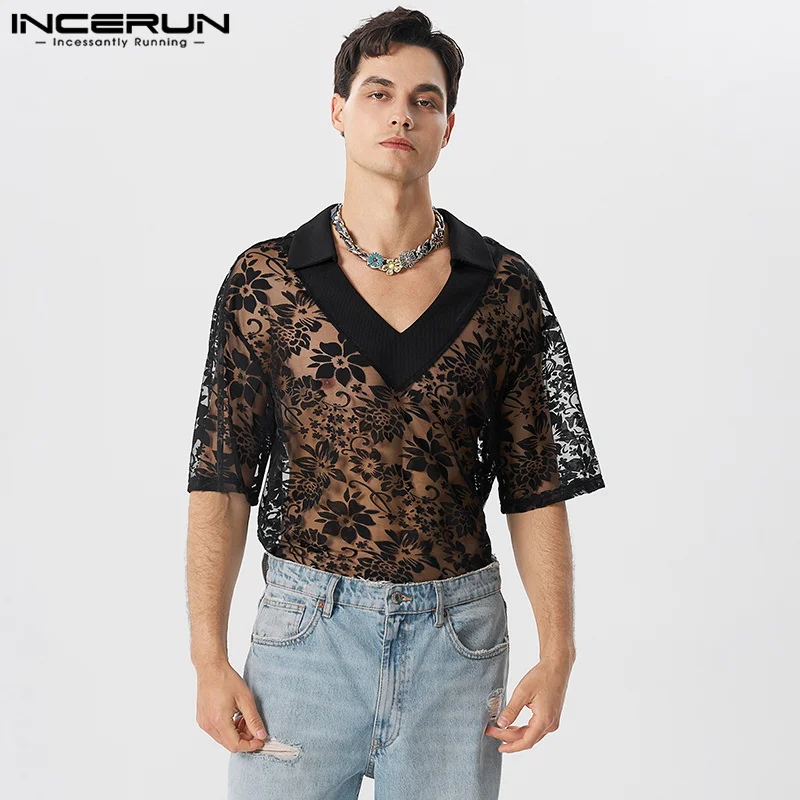 

INCERUN Men Shirt Lace Mesh Patchwork Transparent V Neck Short Sleeve Sexy Men Clothing 2023 Loose Streetwear Fashion Camisas