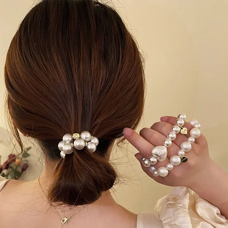 

White Love Hair Rope Women Imitation Pearl Rubber Bands Hair Fashion Women Girl Ponytail Headweare Bracelet Hair Accessories