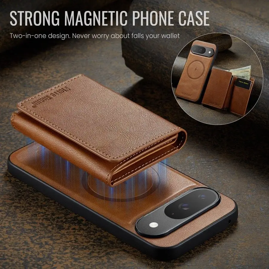 Magnetic Detachable Leather Wallet Phone Stand with Wireless Charging Capability
