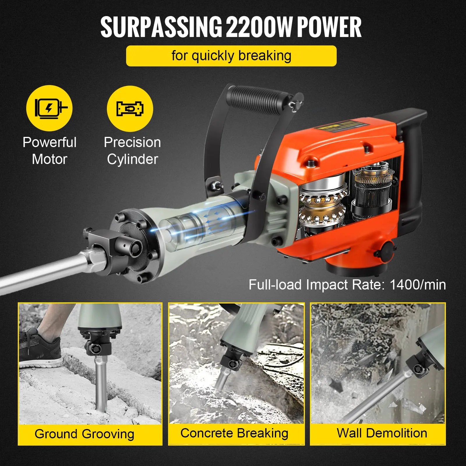 2200W Electric Demolition Jack Hammer 4 Bits Clay Spade Chisel & Scraping  Chisel & Flat Chisel & Pointed Chisel 1400 RPM