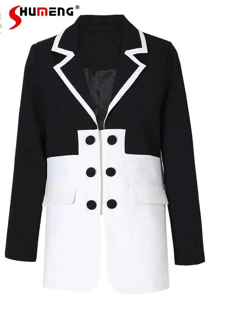 

High-End Double-Breasted Decorative Black White Color Matching Suit Jacket Women Spring New Fashion Edge Mid-Length Blazer Coat