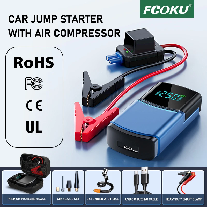 4 in1 Car Jump Starter Emergency Air Pump 150PSI Air Compressor 12400mAh Peak Current 1000A Starter Device Digital Tire Inflator