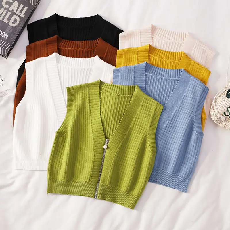 

Fashion Spring Korean V-neck Knit Sleeveless Sweater Short Vest Loose Coat Zipper Tops Waistcoat Lady Top Cloth for Women girl