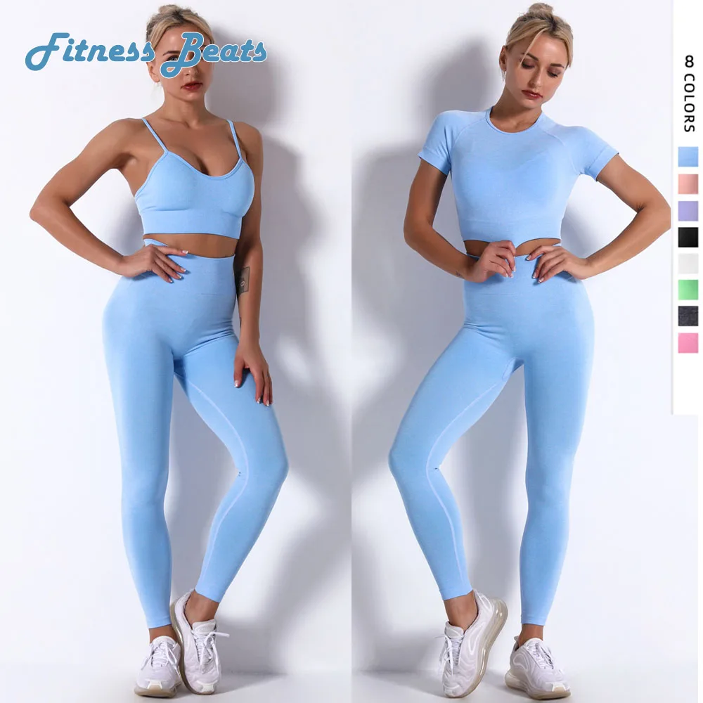 

Yoga Set Fitness Quick Drying Breathable Good Elasticity Shockproof Seamless High Waisted Sports Ladies Half Sleeve Bra Pants
